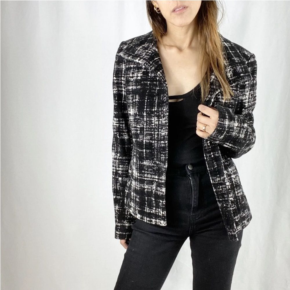 ANN TAYLOR Tweed Wool Blend Plaid Black White Peacoat Jacket/Blazer sz 8 NWOT